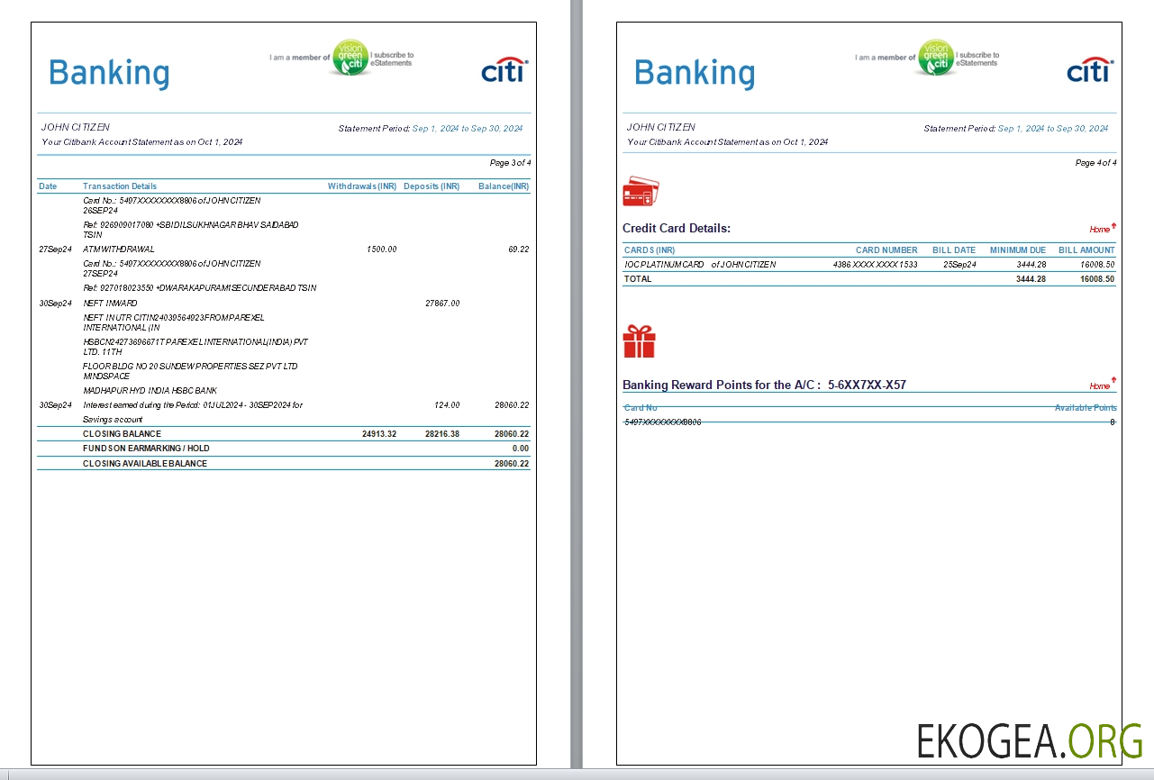 Relevé bancaire Inde Citibank, 6 pages, 3 4 scr
